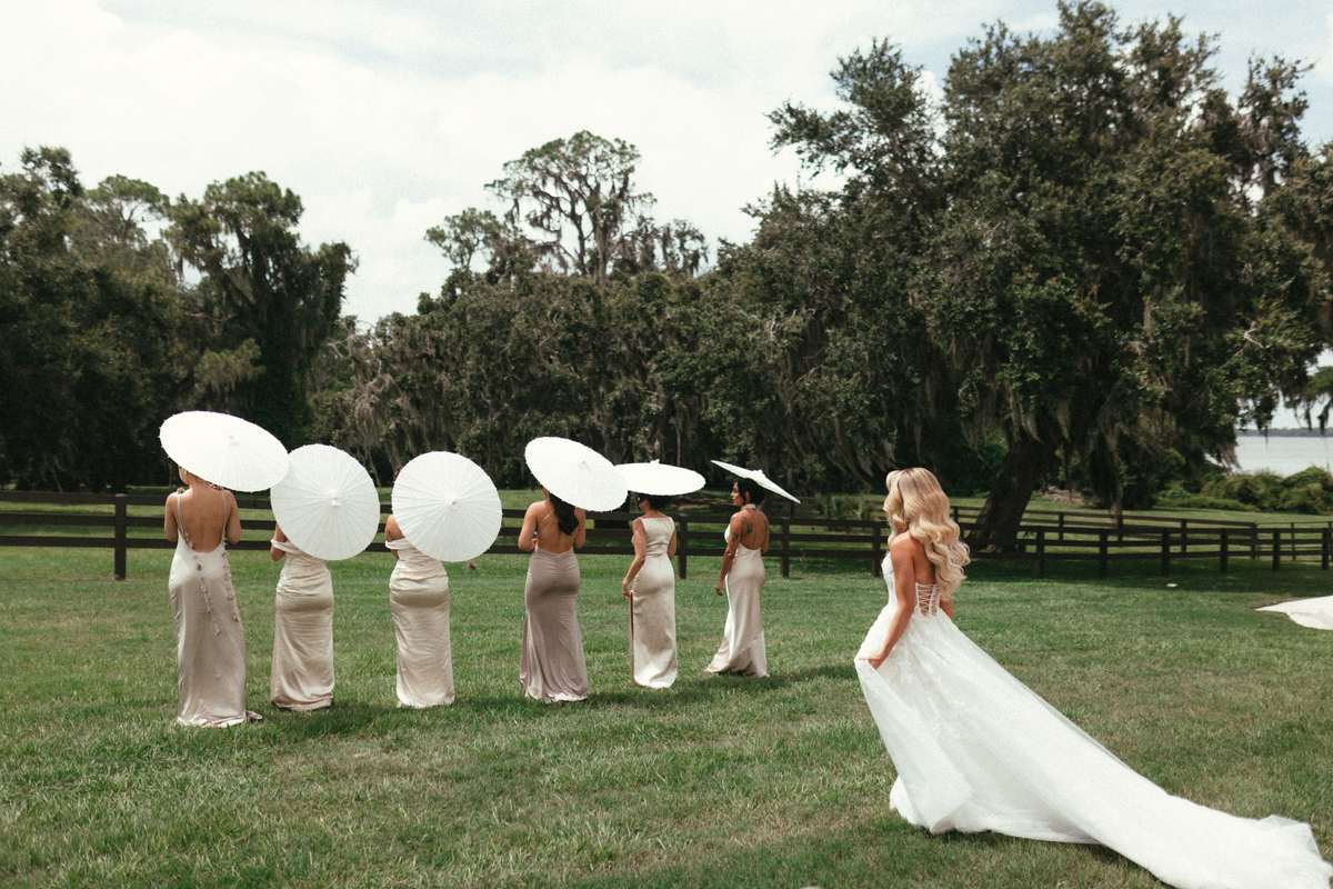 Bride and wedding party walking across a green lawn with white parasols